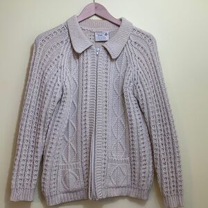 Gaeltarra | Cream New Wool Irish Fisherman Full Zip Collared Cardigan Sweater M